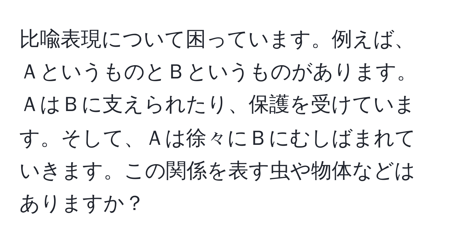 比喩表現について困っています。例えば、ＡというものとＢというものがあります。ＡはＢに支えられたり、保護を受けています。そして、Ａは徐々にＢにむしばまれていきます。この関係を表す虫や物体などはありますか？