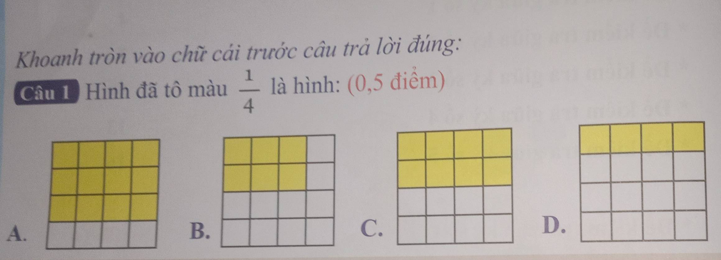 Khoanh tròn vào chữ cái trước câu trả lời đúng:
Câu 1: Hình đã tô màu  1/4  là hình: (0,5 điểm)
A.
B.
C.
D.