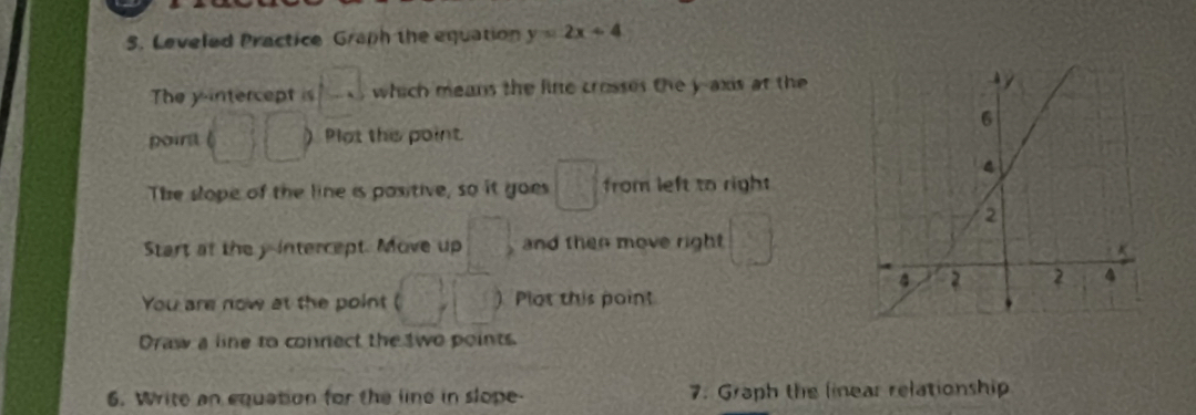 Leveled Practice Graph the equation y=2x+4
The y-intercept is □ which means the line crosses the y-axis at the 
poirt ) Plot this point 
The slope of the line is positive, so it goes □ from left to right 
Start at the y intercept. Move up frac ^circ  , and then move right 
You are now at the point □ ) Plot this point 
Draw a line to connect the two points 
6. Write an equation for the line in slope- 7. Graph the linear relationship