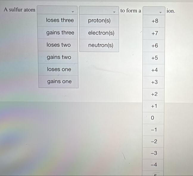 A sulfur atom to form aion.
loses three proton(s) 
gains three electron(s) 
loses two neutron(s)
gains two
loses one
gains one