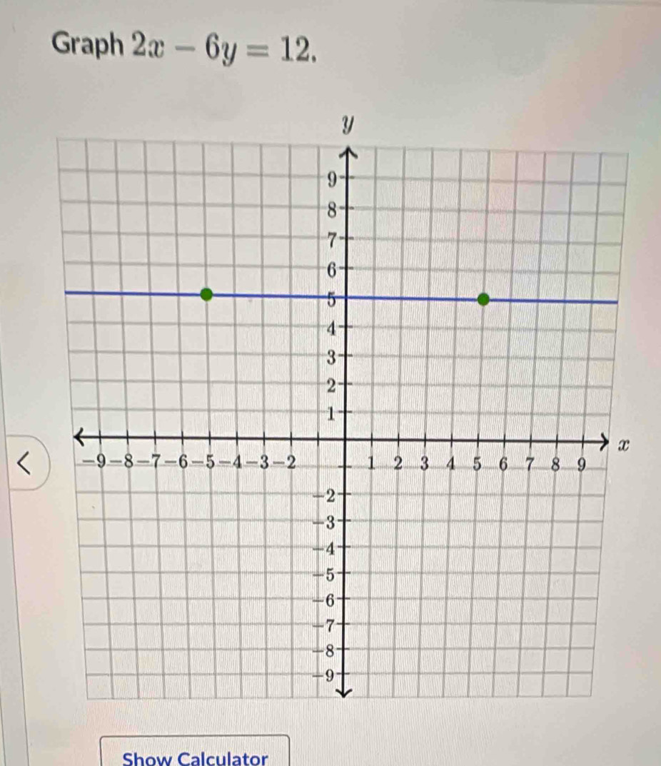 Graph 2x-6y=12. 
Show Calculator