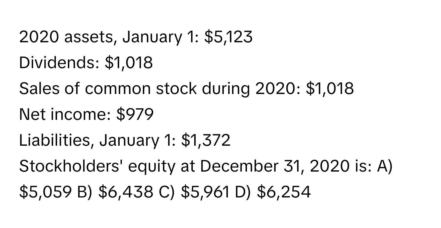 2020 assets, January 1: $5,123
Dividends: $1,018
Sales of common stock during 2020: $1,018
Net income: $979
Liabilities, January 1: $1,372
Stockholders' equity at December 31, 2020 is:  A) $5,059 B) $6,438 C) $5,961 D) $6,254