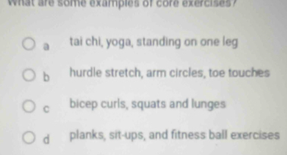 what are some examples of core exercises?
a tai chi, yoga, standing on one leg
b hurdle stretch, arm circles, toe touches
C bicep curls, squats and lunges
dì planks, sit-ups, and fitness ball exercises