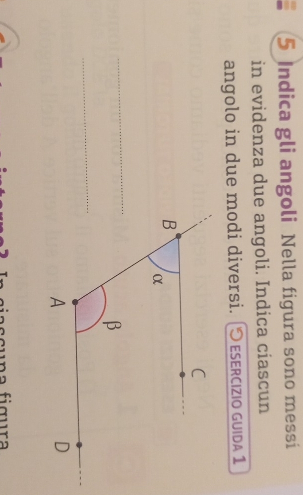 Indica gli angoli Nella figura sono messí 
in evidenza due angoli. Indica ciascun 
angolo in due modi diversi. ESERcIZio GUida 1 
_ 
_ 
u a figura