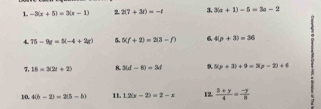 -3(x+5)=3(x-1) 2. 2(7+3t)=-t 3. 3(a+1)-5=3a-2
4. 75-9g=5(-4+2g) 5. 5(f+2)=2(3-f) 6. 4(p+3)=36
7. 18=3(2t+2) 8. 3(d-8)=3d 9. 5(p+3)+9=3(p-2)+6
10. 4(b-2)=2(5-b) 11. 1.2(x-2)=2-x 12.  (3+y)/4 = (-y)/8 