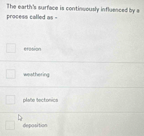 The earth's surface is continuously influenced by a
process called as -
erosion
weathering
plate tectonics
deposition