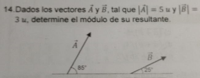 Dados los vectores vector A v vector B , tal que |vector A|=5u y |vector B|=
3 u, determine el módulo de su resultante.