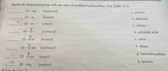 Match the functional group with the class of modified hydrocarbon. Use Table 11.3.
_(1) -OH (hydroxyl) a. alcohols
_(2) -x (halide) b. aldehydes
_(3) -o- (ether) c. amines
_(4) (carbonyl) d. carboxylic acids
_(5) -C-H (formyl) e. esters
_(6) -c-оh (carboxyl)
f. ethers
g. halohydrocarbons
_C (7) -c-o- (ester) h. ketones
_(8) -NH_2 (amino)
Fill in