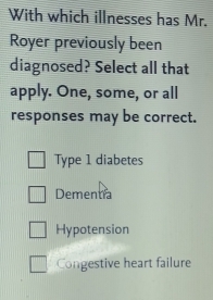 Solved: With which illnesses has Mr. Royer previously been diagnosed ...