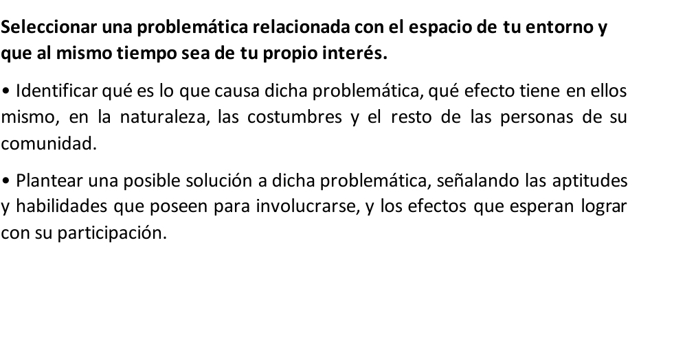 Seleccionar una problemática relacionada con el espacio de tu entorno y 
que al mismo tiempo sea de tu propio interés. 
Identificar qué es lo que causa dicha problemática, qué efecto tiene en ellos 
mismo, en la naturaleza, las costumbres y el resto de las personas de su 
comunidad. 
Plantear una posible solución a dicha problemática, señalando las aptitudes 
y habilidades que poseen para involucrarse, y los efectos que esperan lograr 
con su participación.