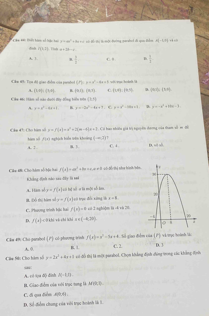 Biết hàm số bậc hai y=ax^2+bx+c có đồ thị là một đường parabol đi qua điểm A(-1;0) và có
đình I(1;2) 、 Tính a+2b-c.
B.  3/2 .  1/2 .
A. 3 . C. 0 .
D.
Câu 45: Tọa độ giao điểm của parabol (P):y=x^2-6x+5 với trục hoành là
A. (1;0);(5;0). B. (0;1);(0;5). C. (1;0);(0;5). D. (0;1);(5;0).
Câu 46: Hàm số nào dưới đây đồng biển trên (2;5)
A. y=x^2-6x+1. B. y=-2x^2-4x+7. C. y=x^2-10x+1. D. y=-x^2+10x-3.
Câu 47: Cho hàm số y=f(x)=x^2+2(m-6)x+2 Có bao nhiêu giá trị nguyên dương của tham số m đề
hàm số f(x) nghịch biến trên khoảng (-∈fty ;2) ?
A. 2 . B. 3 . C. 4 . D. vô số.
Câu 48: Cho hàm số bậc hai f(x)=ax^2+bx+c,a!= 0 có đồ thị như hình bên.
Khẳng định nào sau đây là sai
A. Hàm số y=f(x) có hệ số a là một số âm.
B. Đồ thị hàm số y=f(x) có trục đối xứng là x=8.
C. Phương trình bậc hai f(x)=0 có 2 nghiệm là -4 và 20.
D. f(x)<0</tex> khi và chỉ khi x∈ (-4;20).
Câu 49: Cho parabol (P) có phương trình f(x)=x^2-5x+4. Số giao điểm của (P) và trục hoành là:
A. 0. B. 1. C. 2.
D. 3
Câu 50: Cho hàm số y=2x^2+4x+1 có đồ thị là một parabol. Chọn khẳng định đúng trong các khẳng định
sau:
A. có tọa độ đinh I(-1;1).
B. Giao điểm của với trục tung là M(0;1).
C. đi qua điểm A(0;6).
D. Số điểm chung của với trục hoành là 1.