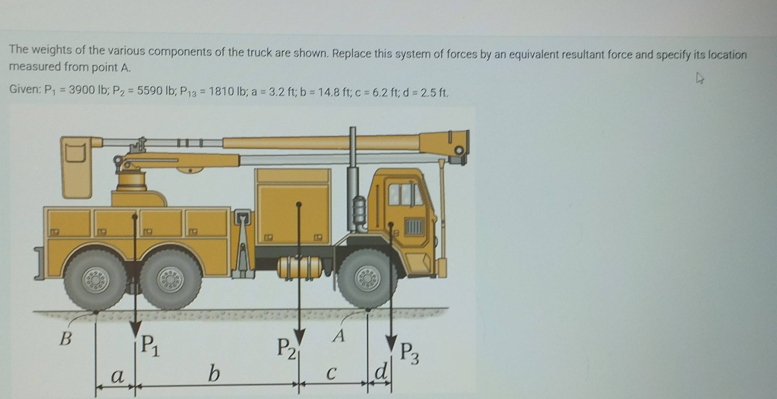 The weights of the various components of the truck are shown. Replace this system of forces by an equivalent resultant force and specify its location
measured from point A.
Given: P_1=3900 1b; P_2=5590lb;P_13=1810 Ib; a=3.2ft;b=14.8 ft; c=6.2 ft; d=2.5ft.