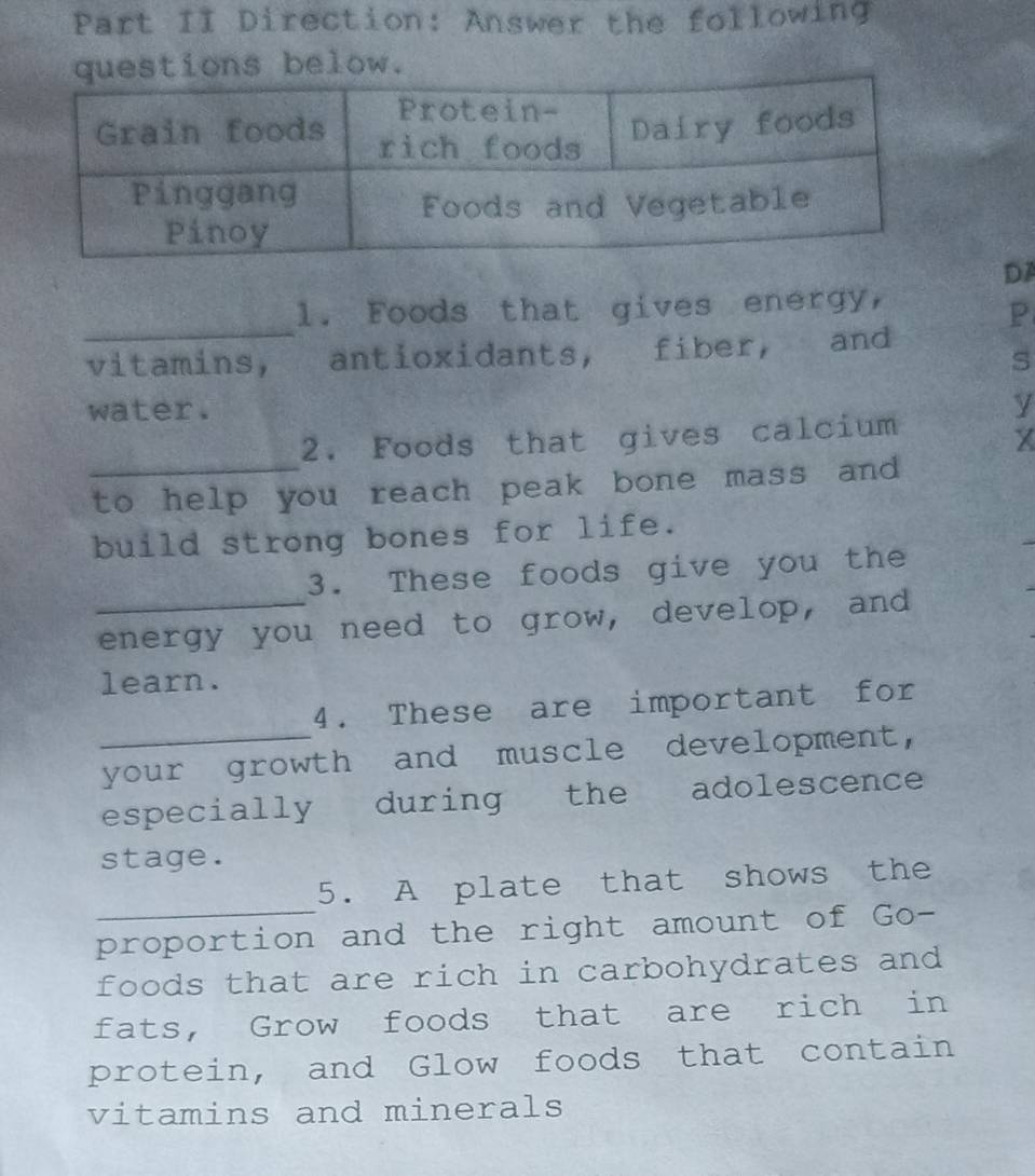 Part II Direction: Answer the following 
questions below. 
DA 
_ 
1. Foods that gives energy, 
P 
vitamins, antioxidants, fiber, and 
s 
water. y
2. Foods that gives calcium
X
_to help you reach peak bone mass and 
build strong bones for life. 
3. These foods give you the 
_energy you need to grow, develop, and 
learn. 
4. These are important for 
_your growth and muscle development, 
especially during the adolescence 
stage. 
_ 
5. A plate that shows the 
proportion and the right amount of Go- 
foods that are rich in carbohydrates and 
fats, Grow foods that are rich in 
protein, and Glow foods that contain 
vitamins and minerals