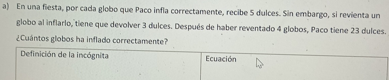 En una fiesta, por cada globo que Paco infla correctamente, recibe 5 dulces. Sin embargo, si revienta un 
globo al inflarlo, tiene que devolver 3 dulces. Después de haber reventado 4 globos, Paco tiene 23 dulces. 
¿Cuántos globos ha inflado correctamente? 
Definición de la incógnita Ecuación