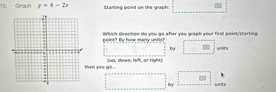 Graph y=4-2x Starting point on the graph: 
7000 
Which direction do you go after you graph your first point/starting 
point? By how many units? 
by units 
(up, down, left, or right) 
hen you go... 
by units