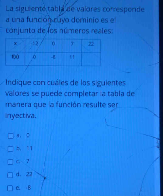 La siguiente tabla de valores corresponde
a una función cuyo dominio es el
conjunto de los números reales:
Indique con cuáles de los siguientes
valores se puede completar la tabla de
manera que la función resulte ser
inyectiva.
a. 0
b. 11
c. 7
d. 22
e. -8