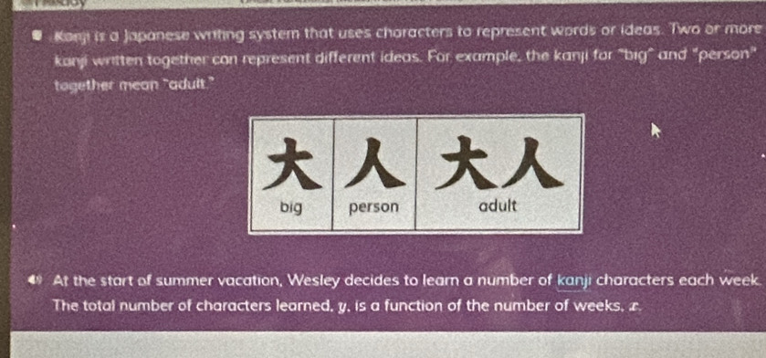 Konj is a Japanese writing system that uses choracters to represent words or ideas. Two or more 
kanji written together con represent different ideas. For example, the kanji for "big" and "person" 
together mean "adult." 
At the start of summer vacation, Wesley decides to learn a number of kanji characters each week. 
The total number of characters learned, y, is a function of the number of weeks, x