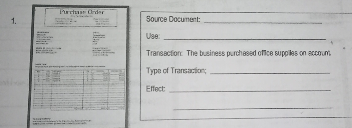 Purchase Order 
1. 
Source Document:_ 
Use:_ 
Transaction: The business purchased office supplies on account. 
Type of Transaction;_ 
Effect:_ 
_