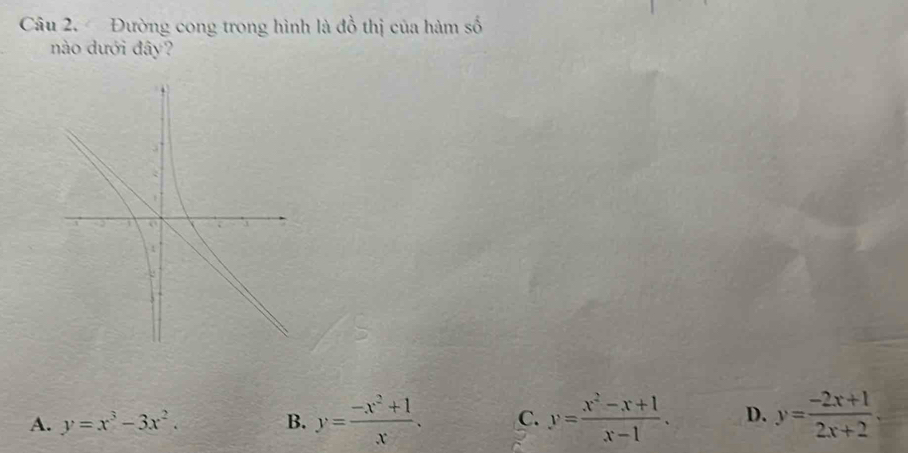 Đường cong trong hình là đồ thị của hàm số
nào dưới đây?
A. y=x^3-3x^2. B. y= (-x^2+1)/x . C. y= (x^2-x+1)/x-1 . D. y= (-2x+1)/2x+2 .