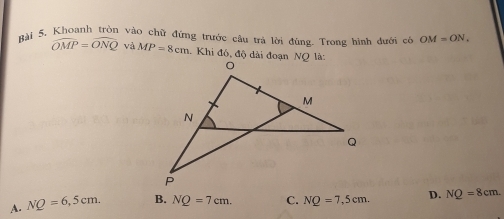 Bài 5, Khoanh tròn vào chữ đứng trước câu trả lời đùng. Trong hình dưới có OM=ON.
widehat OMP=widehat ONQ và MP=8cm 1. Khi đó, độ dài đoạn NQ là:
A. NQ=6,5cm. B. NQ=7cm. C. NQ=7,5cm. D. NQ=8cm.