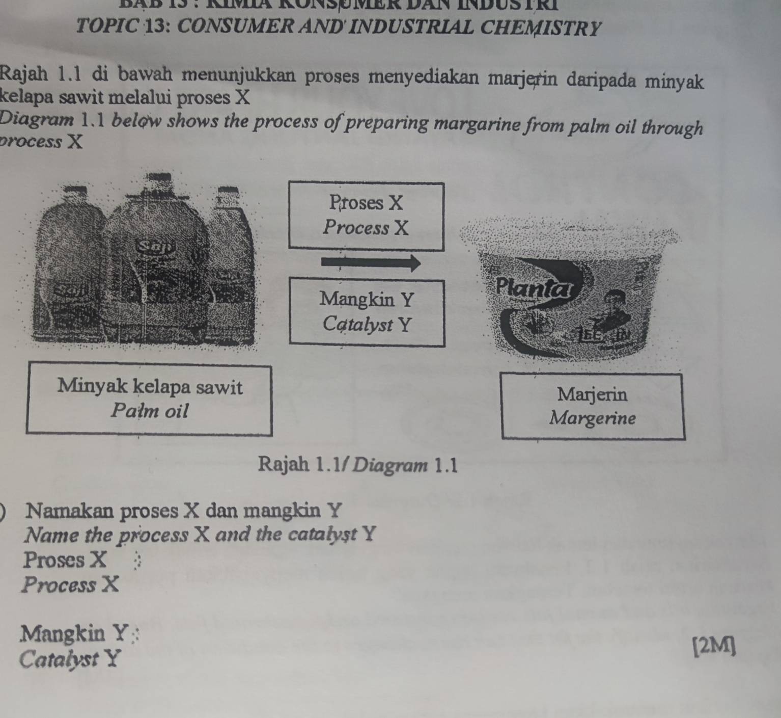 BAB 1S : KIMIA RONSøMER DAN INDUSIRI 
TOPIC 13: CONSUMER AND INDUSTRIAL CHEMISTRY 
Rajah 1.1 di bawah menunjukkan proses menyediakan marjerin daripada minyak 
kelapa sawit melalui proses X
Diagram 1.1 below shows the process of preparing margarine from palm oil through 
process X
Rajah 1.1/Diagram 1.1 
Namakan proses X dan mangkin Y
Name the process X and the catalyst Y
Proses X
Process X
Mangkin Y : 
Catalyst Y
[2M]