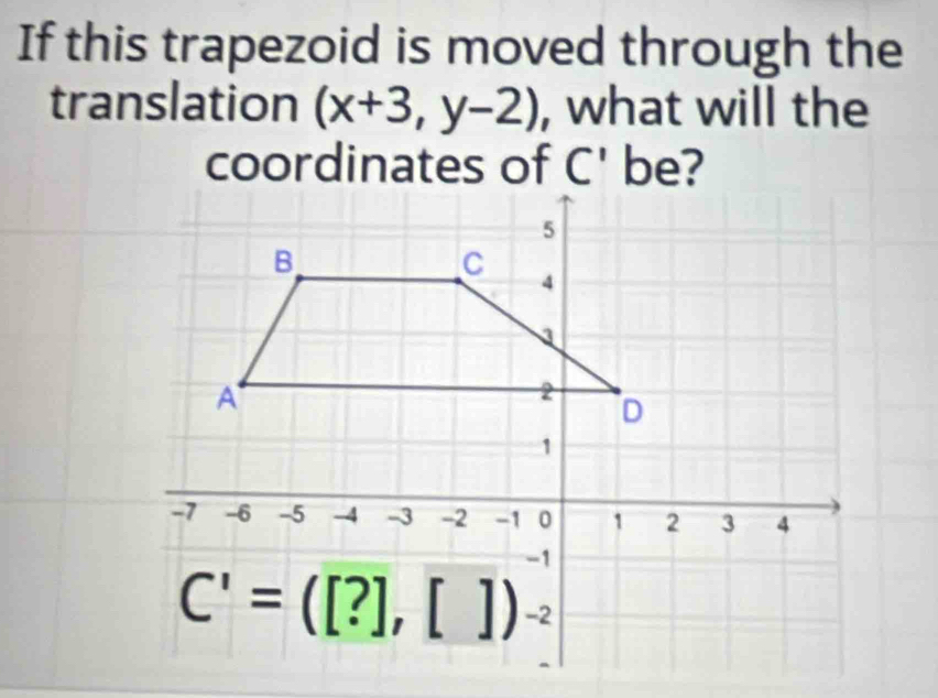 If this trapezoid is moved through the
translation (x+3,y-2) , what will the
coordinates of ∠ MNR be?