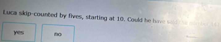 Luca skip-counted by fives, starting at 10. Could he have said the number 14?
yes no