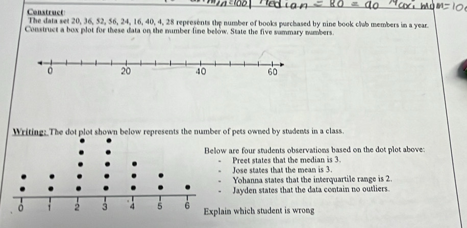 Construct
The data set 20, 36, 52, 56, 24, 16, 40, 4, 28 represents the number of books purchased by nine book club members in a year.
Construct a box plot for these data on the number line below. State the five summary numbers.
Writing: The dot plot shown below represents the number of pets owned by students in a class.
w are four students observations based on the dot plot above:
Preet states that the median is 3.
Jose states that the mean is 3.
Yohanna states that the interquartile range is 2.
Jayden states that the data contain no outliers.
lain which student is wrong