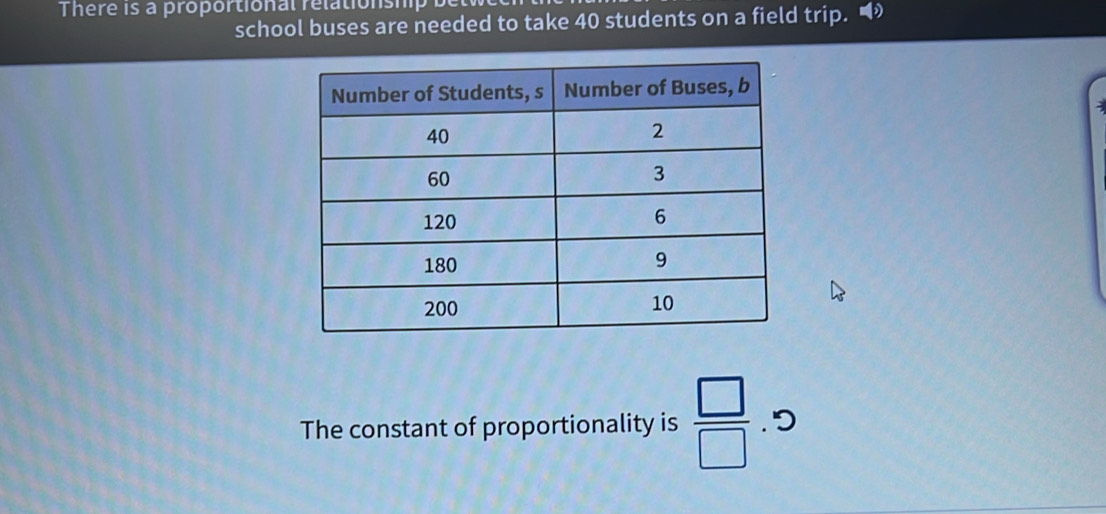 There is a proportional relationship betw 
school buses are needed to take 40 students on a field trip. ◢ 
The constant of proportionality is  □ /□   D