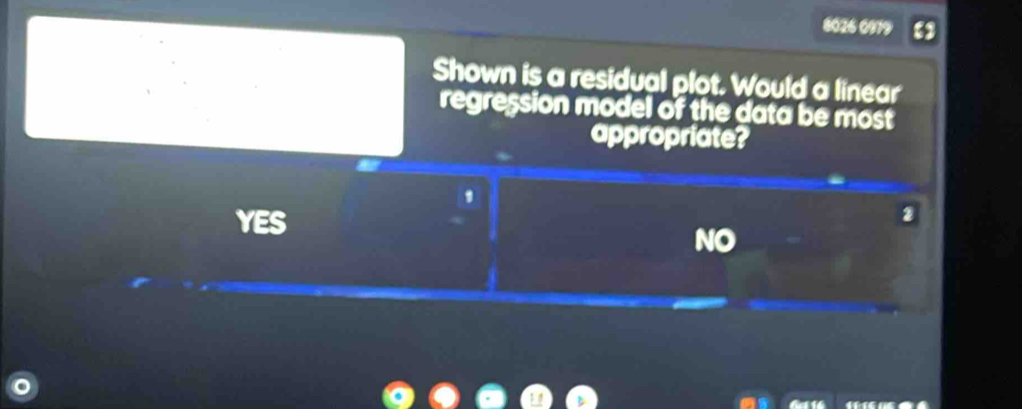 8026 0979
Shown is a residual plot. Would a linear
regression model of the data be most
appropriate?
YES