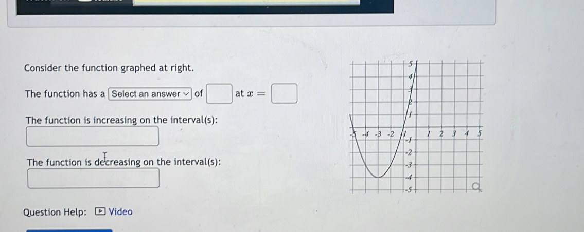 Consider the function graphed at right. 
The function has a Select an answer of □ at x=□
The function is increasing on the interval(s): 
The function is decreasing on the interval(s): 
Question Help: Video