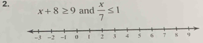 x+8≥ 9 and  x/7 ≤ 1