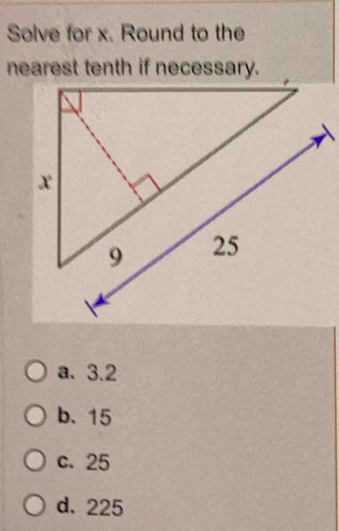 Solve for x. Round to the
a. 3.2
b. 15
c. 25
d. 225