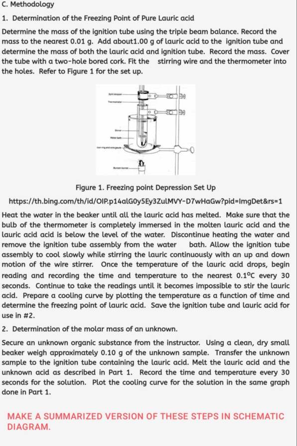 Methodology 
1. Determination of the Freezing Point of Pure Lauric acid 
Determine the mass of the ignition tube using the triple beam balance. Record the 
mass to the nearest 0.01 g. Add about1.00 g of lauric acid to the ignition tube and 
determine the mass of both the lauric acid and ignition tube. Record the mass. Cover 
the tube with a two-hole bored cork. Fit the stirring wire and the thermometer into 
the holes. Refer to Figure 1 for the set up. 
Figure 1. Freezing point Depression Set Up 
https://th.bing.com/th/id/OIPp14alG0y5Ey3ZulMVY-D7wHaGw?pid=ImgDet&r s=1 
Heat the water in the beaker until all the lauric acid has melted. Make sure that the 
bulb of the thermometer is completely immersed in the molten lauric acid and the 
lauric acid acid is below the level of the water. Discontinue heating the water and 
remove the ignition tube assembly from the water bath. Allow the ignition tube 
assembly to cool slowly while stirring the lauric continuously with an up and down 
motion of the wire stirrer. Once the temperature of the lauric acid drops, begin 
reading and recording the time and temperature to the nearest 0.1°C every 30
seconds. Continue to take the readings until it becomes impossible to stir the lauric 
acid. Prepare a cooling curve by plotting the temperature as a function of time and 
determine the freezing point of lauric acid. Save the ignition tube and lauric acid for 
use in #2. 
2. Determination of the molar mass of an unknown. 
Secure an unknown organic substance from the instructor. Using a clean, dry small 
beaker weigh approximately 0.10 g of the unknown sample. Transfer the unknown 
sample to the ignition tube containing the lauric acid. Melt the lauric acid and the 
unknown acid as described in Part 1. Record the time and temperature every 30
seconds for the solution. Plot the cooling curve for the solution in the same graph 
done in Part 1. 
MAKE A SUMMARIZED VERSION OF THESE STEPS IN SCHEMATIC 
DIAGRAM.