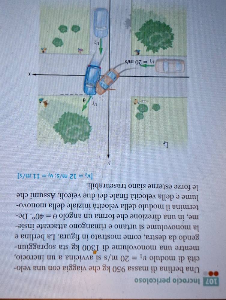 Incrocio pericoloso
Una berlina di massa 950 kg che viaggia con una velo-
cità di modulo upsilon _1=20m/s si_avvicina a un incrocio,
mentre una monovolume di 1300 kg sta sopraggiun-
gendo da destra, come mostrato in figura. La berlina e
la monovolume si urtano e rimangono attaccate insie-
me, in una direzione che forma un angolo θ =40°. De-
termina il modulo della velocità iniziale della monovo-
lume e della velocità finale dei due veicoli. Assumi che
le forze esterne siano trascurabili.
[v_2=12m/s;v_f=11m/s]