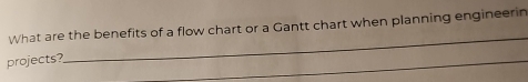 What are the benefits of a flow chart or a Gantt chart when planning engineerin 
projects? 
_ 
_
