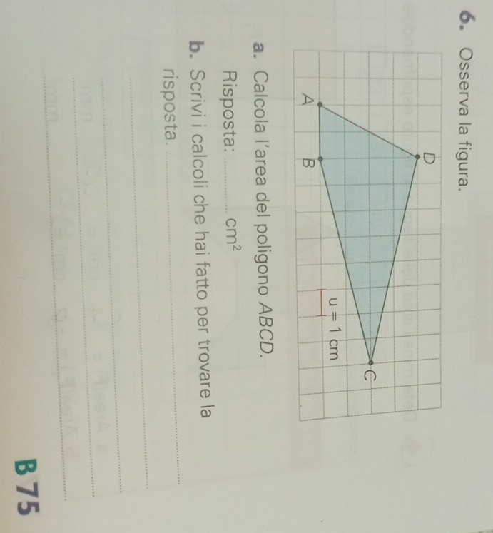 Osserva la figura.
a. Calcola l’area del poligono ABCD.
Risposta: _ cm^2
_
b. Scrivi i calcoli che hai fatto per trovare la
risposta.
_
_
_
_
B 75