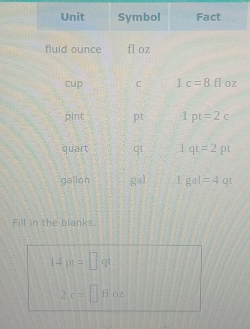 Fill in the blanks.
14pt=□ qt
2c=□ fl oz