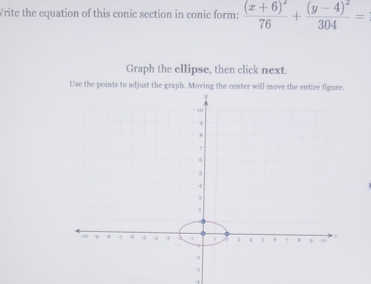 Vrite the equation of this conic section in conic form: frac (x+6)^276+frac (y-4)^2304=
Graph the ellipse, then click next. 
Use the points to adjust the graph. Moving the center will move the entire.
4