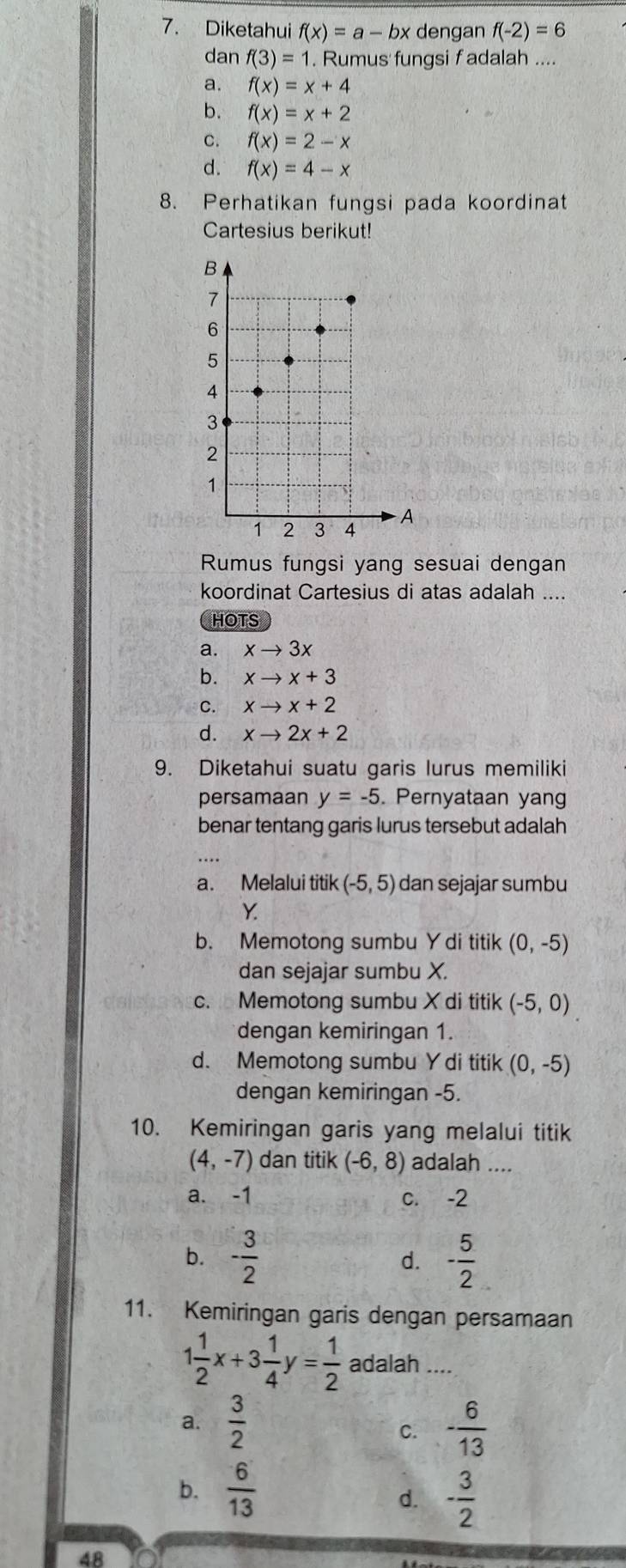 Diketahui f(x)=a-bx dengan f(-2)=6
dan f(3)=1. Rumus fungsi f adalah ....
a. f(x)=x+4
b. f(x)=x+2
c. f(x)=2-x
d. f(x)=4-x
8. Perhatikan fungsi pada koordinat
Cartesius berikut!
Rumus fungsi yang sesuai dengan
koordinat Cartesius di atas adalah ....
HOTS
a. xto 3x
b. xto x+3
C. xto x+2
d. xto 2x+2
9. Diketahui suatu garis lurus memiliki
persamaan y=-5. Pernyataan yang
benar tentang garis lurus tersebut adalah
a. Melalui titik (-5,5) dan sejajar sumbu
Y.
b. Memotong sumbu Y di titik (0,-5)
dan sejajar sumbu X.
c. Memotong sumbu X di titik (-5,0)
dengan kemiringan 1.
d. Memotong sumbu Ydi titik (0,-5)
dengan kemiringan - 5.
10. Kemiringan garis yang melalui titik
(4,-7) dan titik (-6,8) adalah ....
a. -1 C. -2
b. - 3/2  - 5/2 
d.
11. Kemiringan garis dengan persamaan
1 1/2 x+3 1/4 y= 1/2  adalah ....
a.  3/2  - 6/13 
C.
b.  6/13 
d. - 3/2 
48