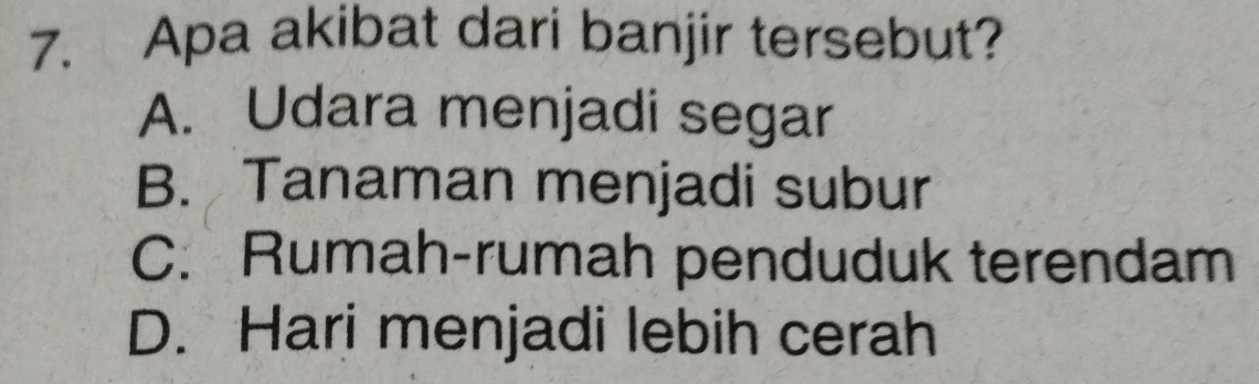 Apa akibat dari banjir tersebut?
A. Udara menjadi segar
B. Tanaman menjadi subur
C. Rumah-rumah penduduk terendam
D. Hari menjadi lebih cerah