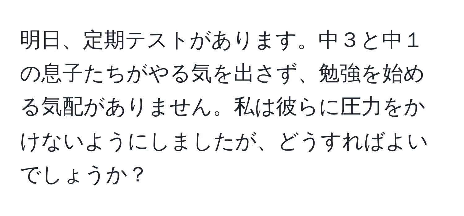 明日、定期テストがあります。中３と中１の息子たちがやる気を出さず、勉強を始める気配がありません。私は彼らに圧力をかけないようにしましたが、どうすればよいでしょうか？