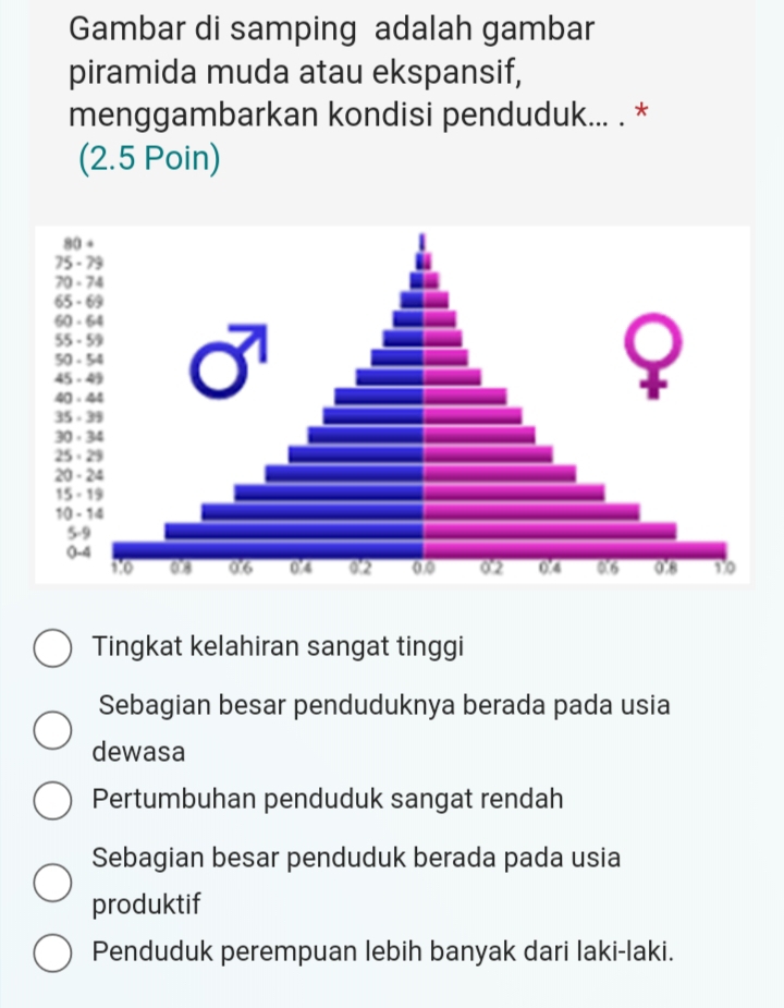 Gambar di samping adalah gambar
piramida muda atau ekspansif,
menggambarkan kondisi penduduk... . *
(2.5 Poin)
Tingkat kelahiran sangat tinggi
Sebagian besar penduduknya berada pada usia
dewasa
Pertumbuhan penduduk sangat rendah
Sebagian besar penduduk berada pada usia
produktif
Penduduk perempuan lebih banyak dari laki-laki.