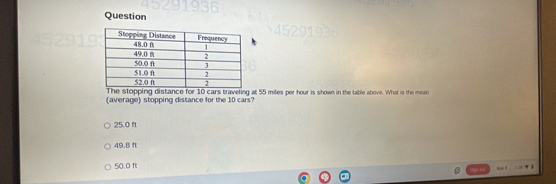 Question
The stopping distance for 10 cars traveling at 55 miles per hour is shown in the table above. What is the mean
(average) stopping distance for the 10 cars?
25.0 ft
49.8 ft
50.0 ft 5 15 ▼