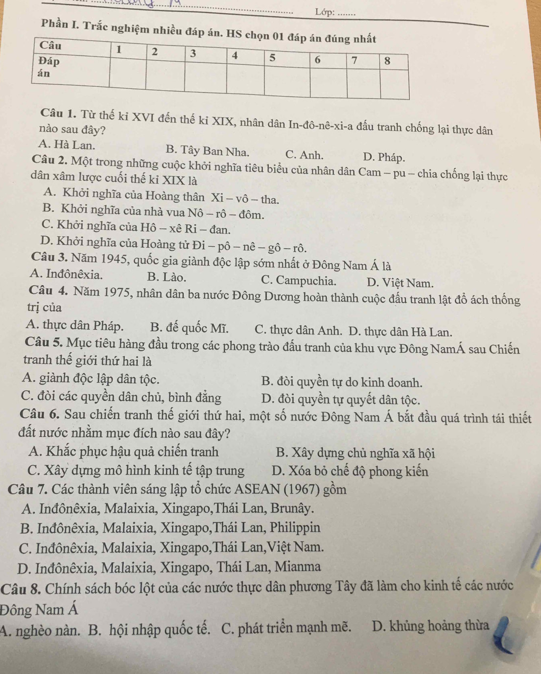 Lớp:_ ..
     
Phần I. Trắc nghiệm nhiều đáp 
Câu 1. Từ thế ki XVI đến thế ki XIX, nhân dân In-đô-nê-xi-a đấu tranh chống lại thực dân
nào sau đây?
A. Hà Lan. B. Tây Ban Nha. C. Anh. D. Pháp.
Câu 2. Một trong những cuộc khởi nghĩa tiêu biểu của nhân dân Cam - pu - chia chống lại thực
dân xâm lược cuối thế kỉ XIX là
A. Khởi nghĩa của Hoàng thân Xi - vô - tha.
B. Khởi nghĩa của nhà vua Nô - rô - đôm.
C. Khởi nghĩa của : Hô - xê Ri - đan.
D. Khởi nghĩa của Hoàng tử Đi - pô - nê − gô - rô.
Câu 3. Năm 1945, quốc gia giành độc lập sớm nhất ở Đông Nam Á là
A. Inđônêxia. B. Lào. C. Campuchia. D. Việt Nam.
Câu 4. Năm 1975, nhân dân ba nước Đông Dương hoàn thành cuộc đấu tranh lật đổ ách thống
trị của
A. thực dân Pháp. B. đế quốc Mĩ. C. thực dân Anh. D. thực dân Hà Lan.
Câu 5. Mục tiêu hàng đầu trong các phong trào đấu tranh của khu vực Đông NamÁ sau Chiến
tranh thế giới thứ hai là
A. giành độc lập dân tộc. B. đòi quyền tự do kinh doanh.
C. đòi các quyền dân chủ, bình đẳng D. đòi quyền tự quyết dân tộc.
Câu 6. Sau chiến tranh thế giới thứ hai, một số nước Đông Nam Á bắt đầu quá trình tái thiết
đất nước nhằm mục đích nào sau đây?
A. Khắc phục hậu quả chiến tranh B. Xây dựng chủ nghĩa xã hội
C. Xây dựng mô hình kinh tế tập trung D. Xóa bỏ chế độ phong kiến
Câu 7. Các thành viên sáng lập tổ chức ASEAN (1967) gồm
A. Inđônêxia, Malaixia, Xingapo,Thái Lan, Brunây.
B. Inđônêxia, Malaixia, Xingapo,Thái Lan, Philippin
C. Inđônêxia, Malaixia, Xingapo,Thái Lan,Việt Nam.
D. Inđônêxia, Malaixia, Xingapo, Thái Lan, Mianma
Câu 8. Chính sách bóc lột của các nước thực dân phương Tây đã làm cho kinh tế các nước
Đông Nam Á
A. nghèo nàn. B. hội nhập quốc tế. C. phát triển mạnh mẽ. D. khủng hoảng thừa