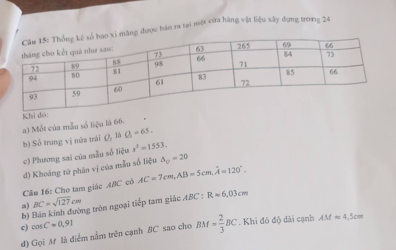 ăng được bán ra tại một cửa hàng vật liệu xây dựng trong 24
Khi đó: 
a) Mốt của mẫu số liệu là 66. 
b) Số trung vị nửa trái Q_2 là Q_1=65. 
c) Phương sai của mẫu số liệu s^2=1553. 
d) Khoảng tứ phân vị của mẫu số liệu △ _Q=20
Câu 16: Cho tam giác ABC có AC=7cm, AB=5cm, hat A=120°. 
a) BC=sqrt(127)cm
b) Bán kính đường tròn ngoại tiếp tam giác ABC : Rapprox 6,03cm
c) cos Capprox 0,91
d) Gọi M là điểm nằm trên cạnh BC sao cho BM= 2/3 BC. Khi đó độ dài cạnh AMapprox 4,5cm