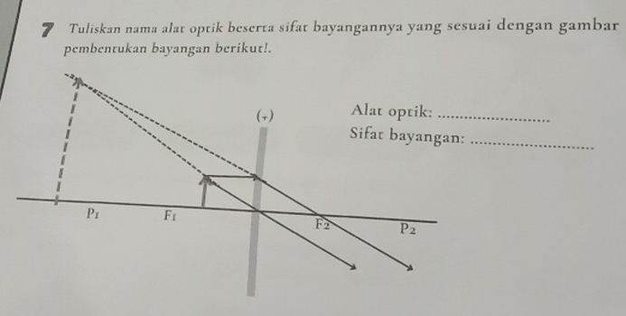 Tuliskan nama alat optik beserta sifat bayangannya yang sesuai dengan gambar
pembentukan bayangan berikut!.