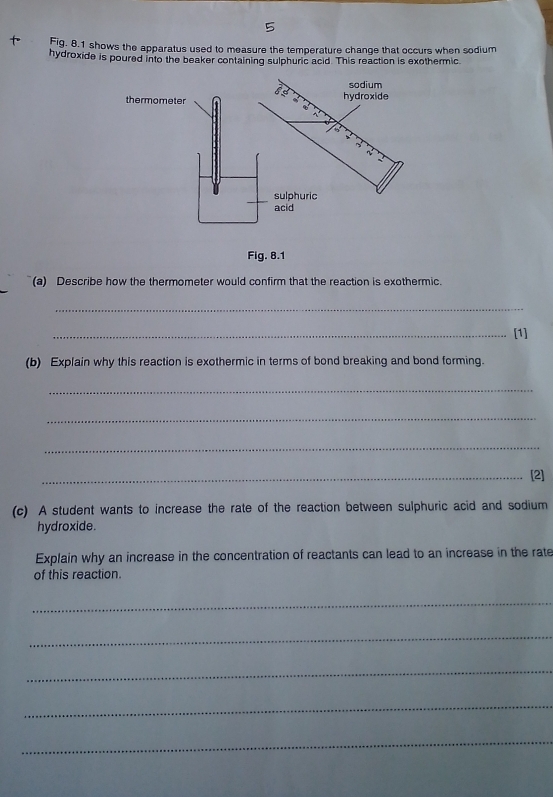 Fig. 8.1 shows the apparatus used to measure the temperature change that occurs when sodium 
hydroxide is poured into the beaker containing sulphuric acid. This reaction is exothermic 
Fig. 8.1 
(a) Describe how the thermometer would confirm that the reaction is exothermic. 
_ 
_[1] 
(b) Explain why this reaction is exothermic in terms of bond breaking and bond forming. 
_ 
_ 
_ 
_[2] 
(c) A student wants to increase the rate of the reaction between sulphuric acid and sodium 
hydroxide. 
Explain why an increase in the concentration of reactants can lead to an increase in the rate 
of this reaction. 
_ 
_ 
_ 
_ 
_