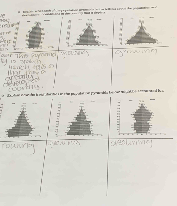 Explain what each of the population pyramids below tells us about the population and 
development conditions in the country that it depicts. 

9. Explain how the irregularities in the population pyramids below might be accounted for.