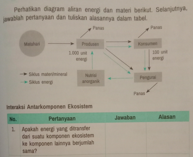 Perhatikan diagram aliran energi dan materi berikut. Selanjutnya, 
jawablah pertanyaan dan tuliskan alasannya dalam tabel. 
Interaksi Antarkomponen Ekosistem